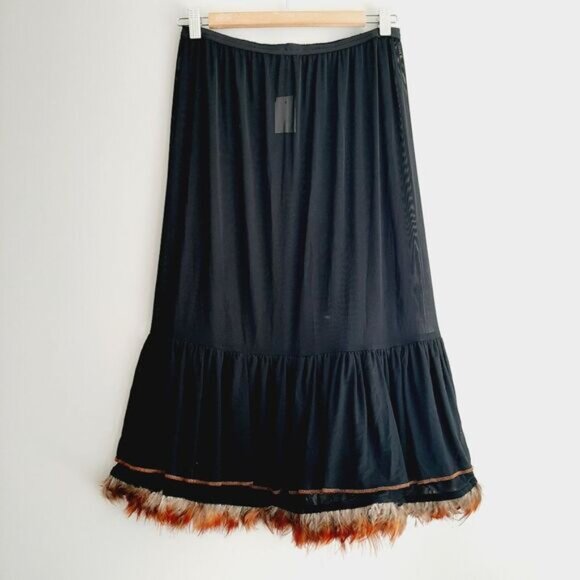 TRISTAN & ISEUT Feather Trim Skirt Slip Black Mesh Midi Underskirt Sz S - Picture 8 of 14